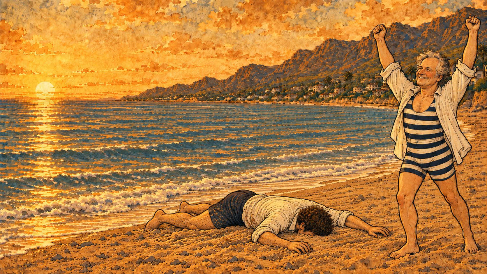 Illustration of a beach at sunset. A grinning older man with wild white hair, in an old-fashioned striped bathing suit, raises both fists in victory while a younger man lies face down in the sand beside him.