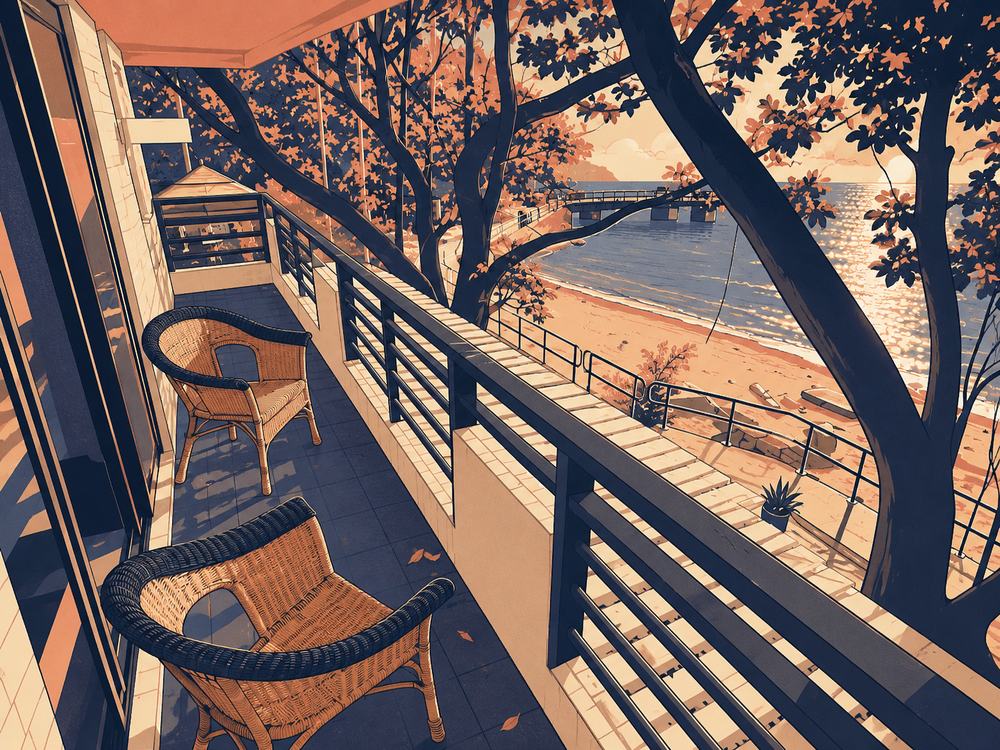 A balcony above the beach, looking through trees to the pier and the water beyond.