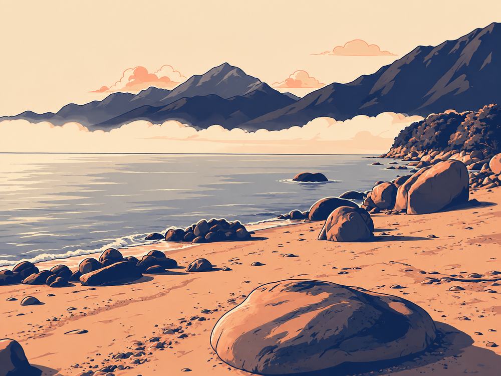 The shoreline at dusk, boulders and headland above a flat sea.