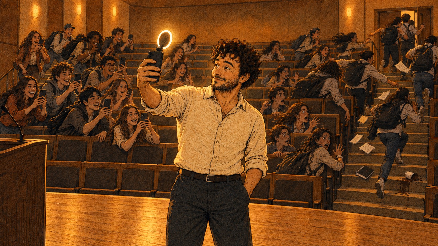 A lecturer stands on the stage of a half-full lecture theatre filming himself on a phone with a ring light. On one side students crowd forward to watch; on the other they flee up the aisle towards the doors.