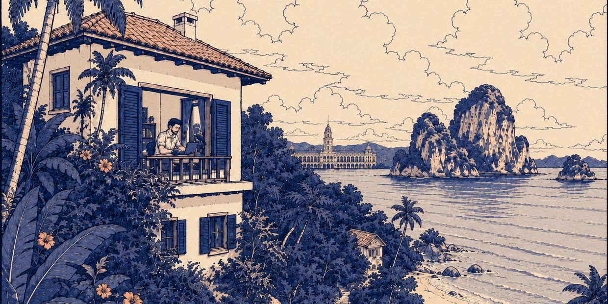 A researcher at a laptop in an open window above a wooded shore, with the University of Hong Kong's Main Building and its clock tower visible across the water.