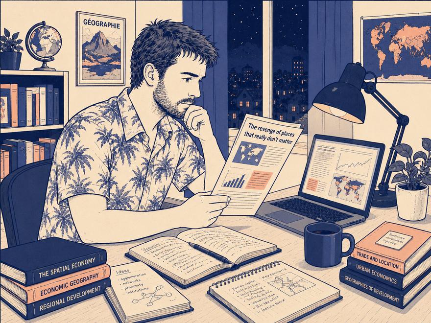 A man at a cluttered desk late at night reading a manuscript, surrounded by economic geography books and notebooks.