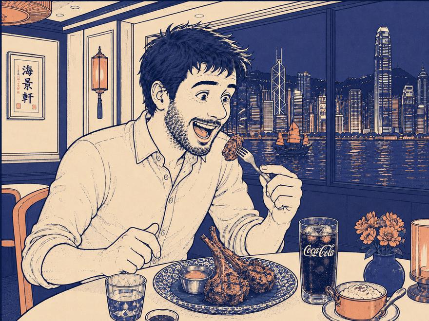 A man grinning over a plate of lamb chops at a restaurant table, Hong Kong harbour lit up behind him.